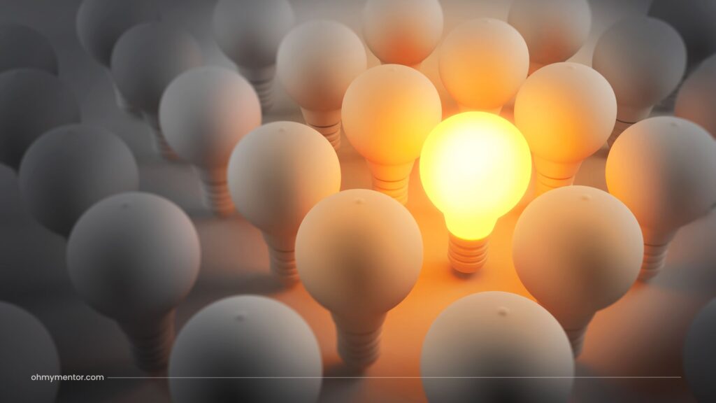 여러 개의 전구가 있고, 그 중 하나만 불이 들어와 있다.